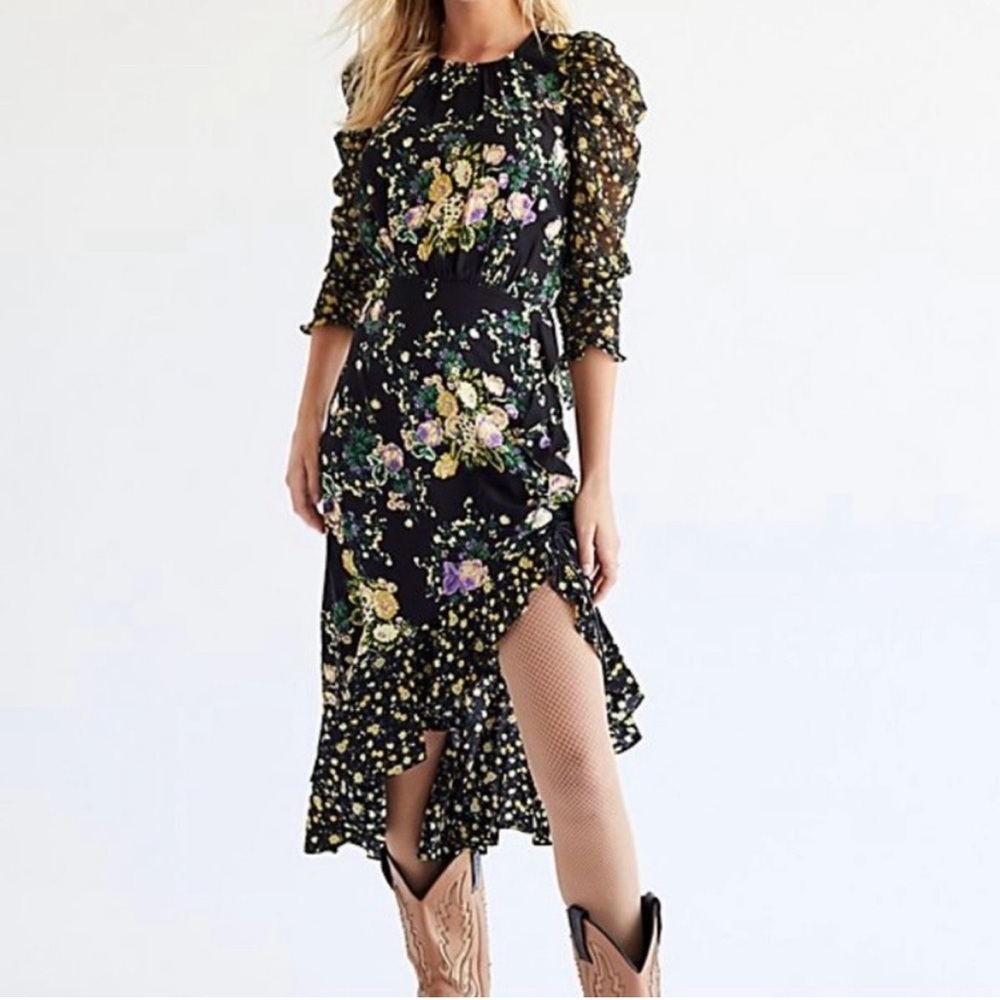 For Love & Lemons Ross Midi Dress Black Floral Open Back Slit L - Picture 2 of 12